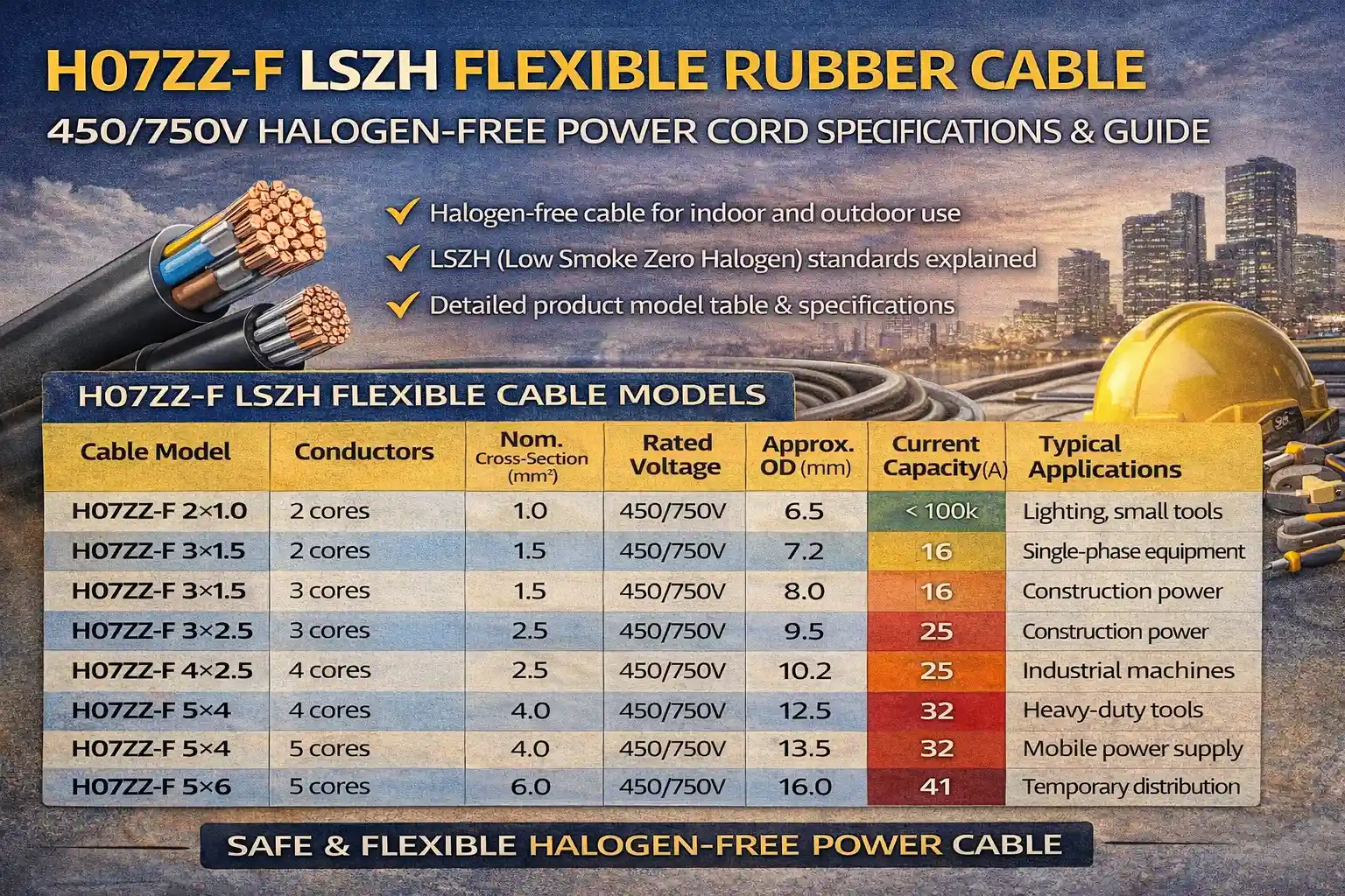 H07ZZ-F LSZH Halogen-free Flexible Rubber Cable Model & Condigurations