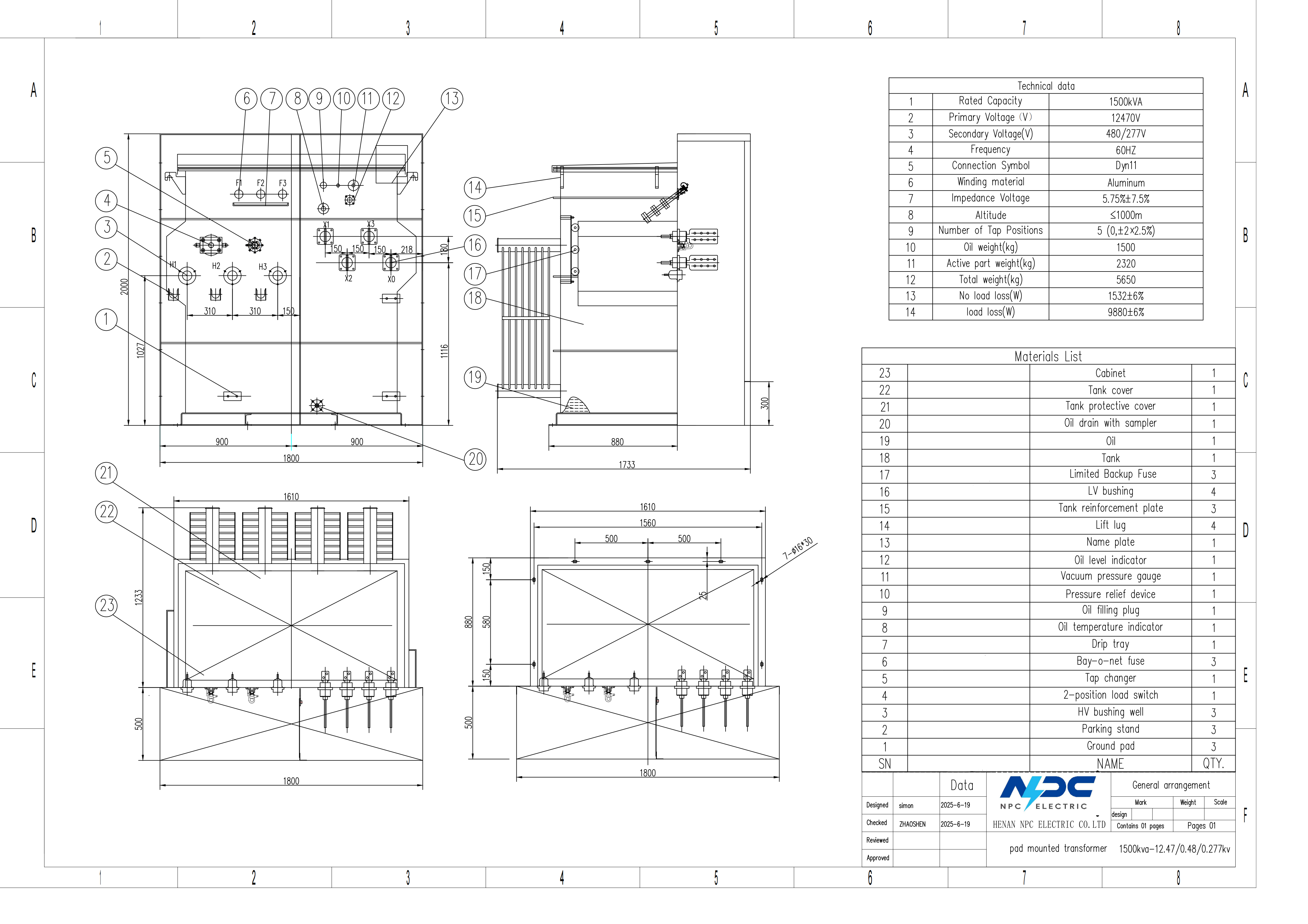 1500kVA Radial Feed Pad Mounted Transformer Outline Drawing