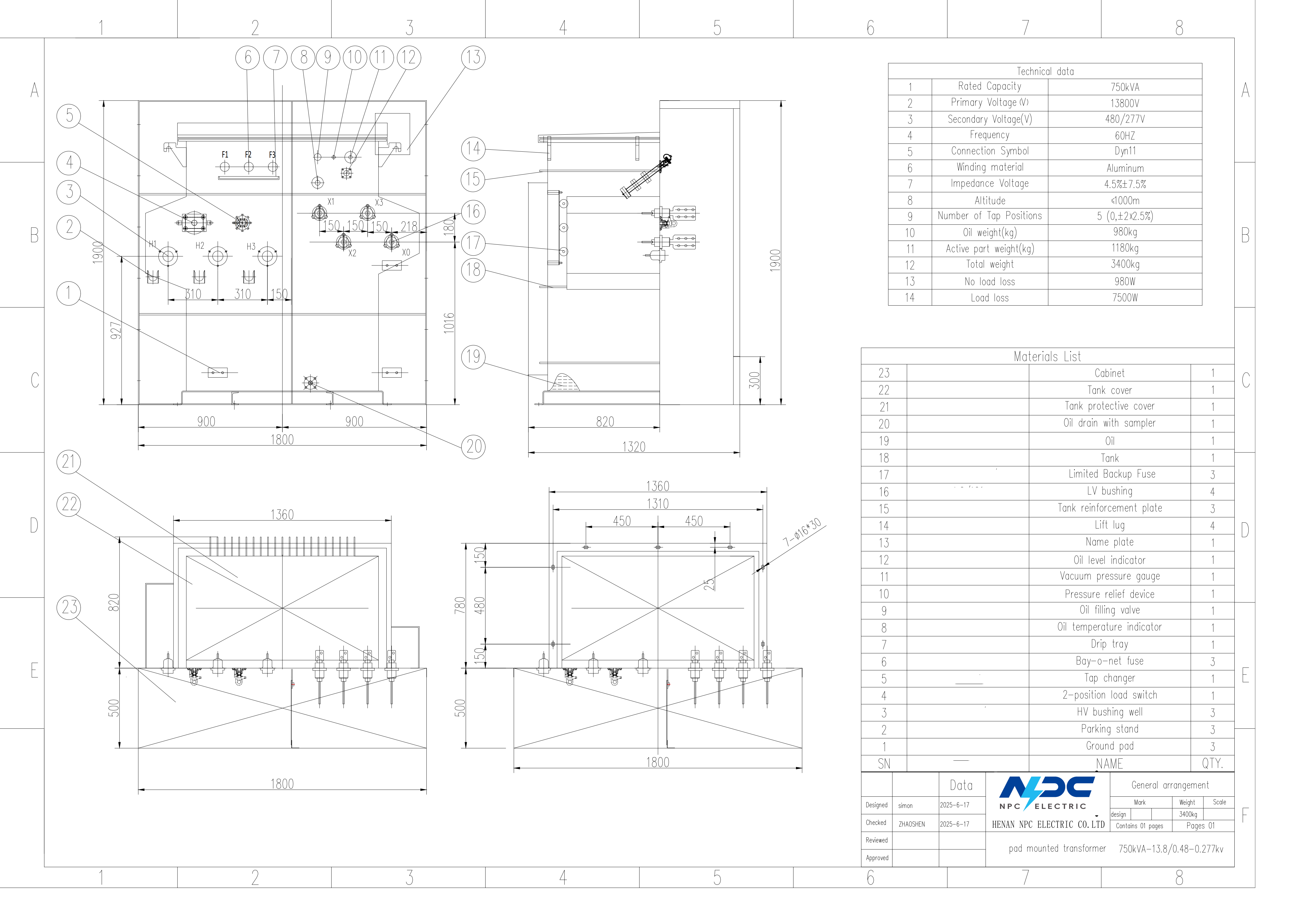 750kVA radial feed pad mounted transformer outline drawing
